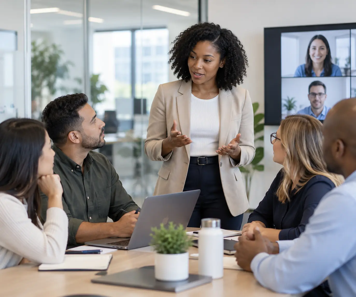 Team discussion in a hybrid workplace covering real harassment prevention situations.