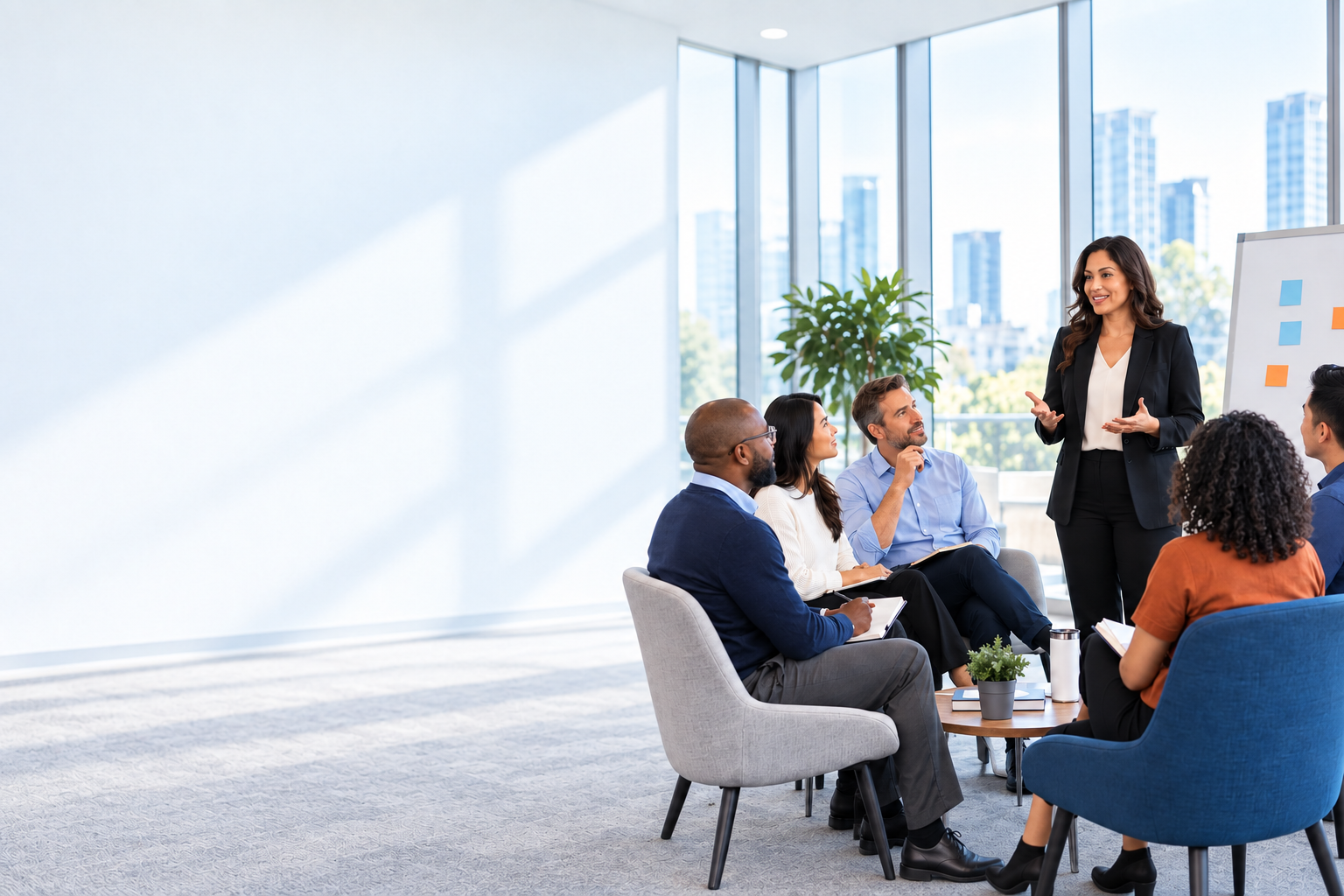 Diverse professionals in a workplace training session for US sexual harassment prevention.