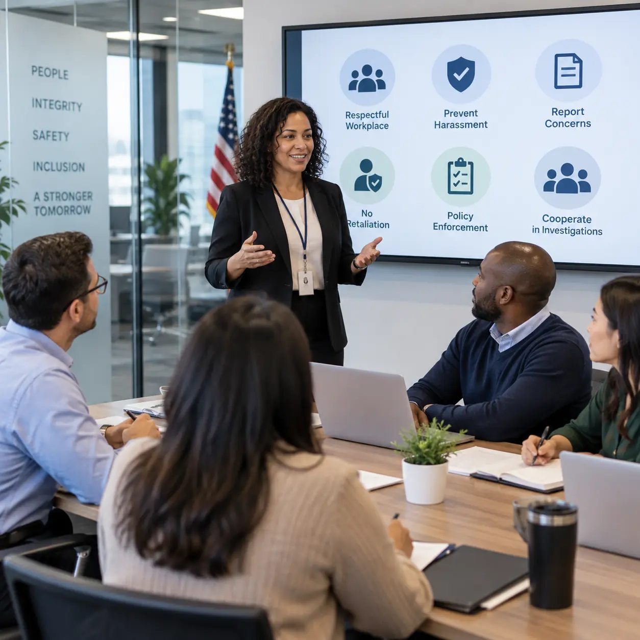 Training session covering key topics in United States harassment prevention.