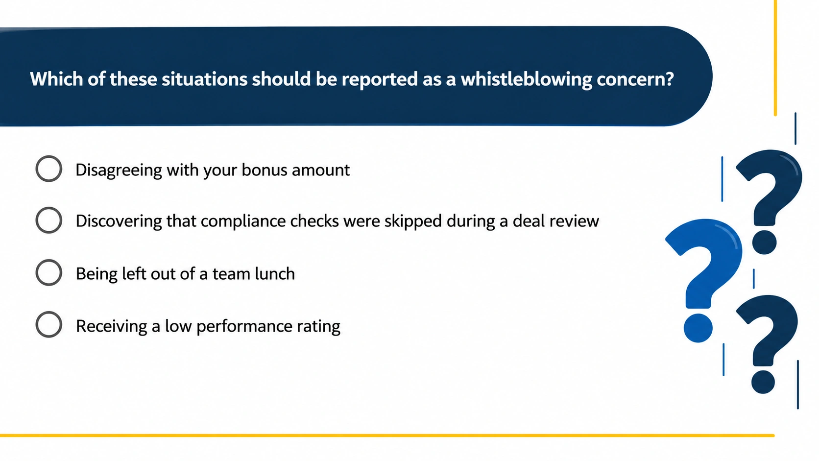 Interactive scenario asking which situations should be reported as a whistleblowing concern