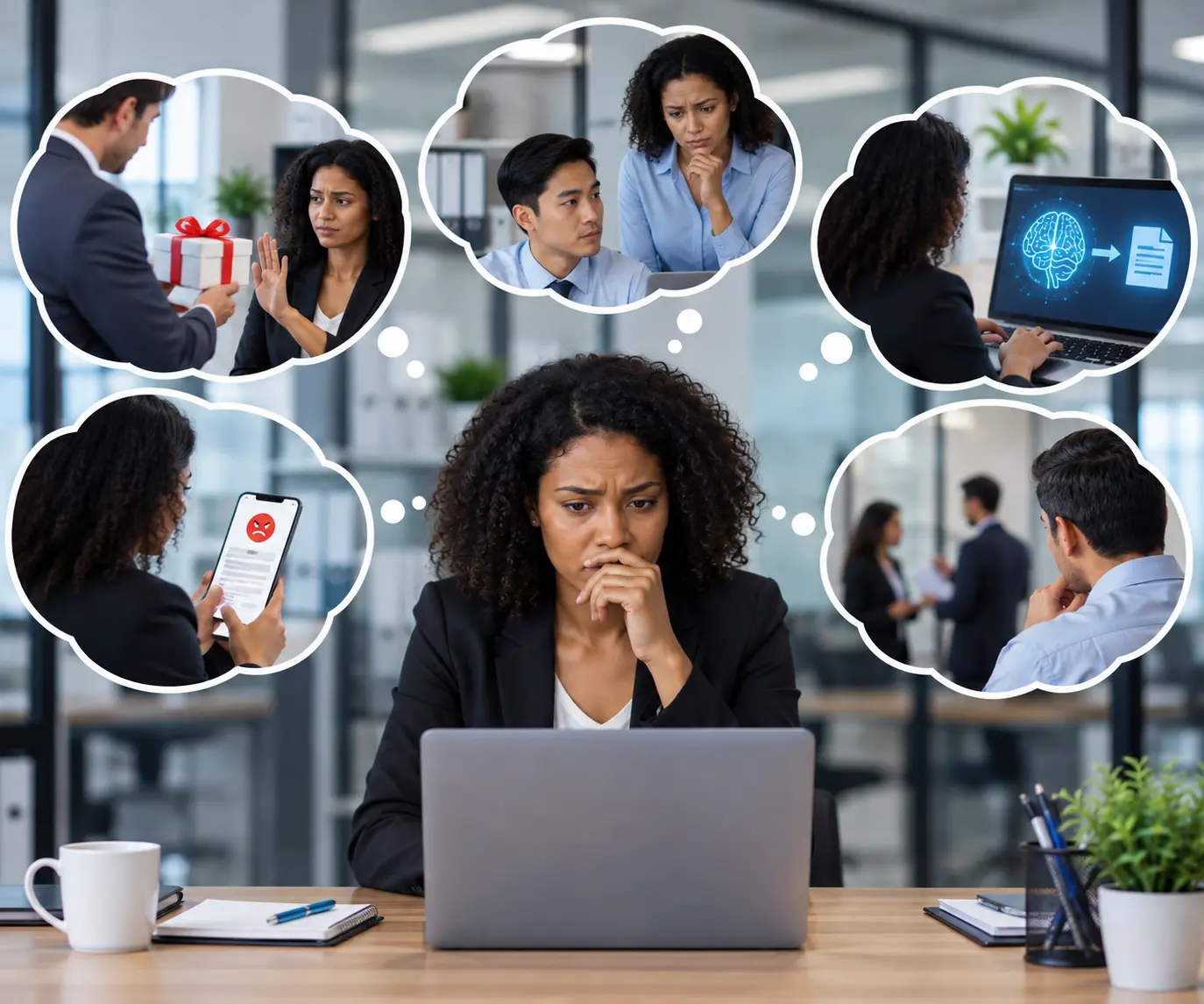 Professional considering workplace ethics scenarios including gifts, collaboration, data use, and reporting concerns