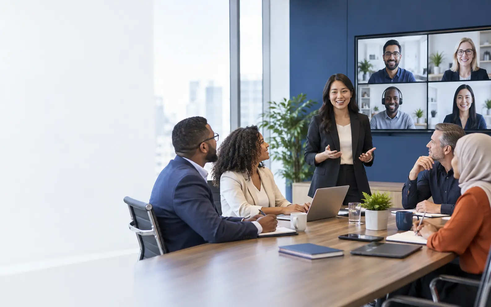 Hybrid workplace team collaborating during global compliance training