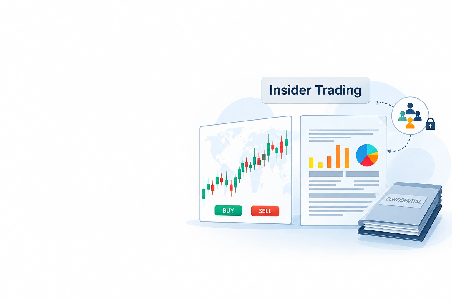 Insider trading illustration with market charts, a financial report and a confidential file