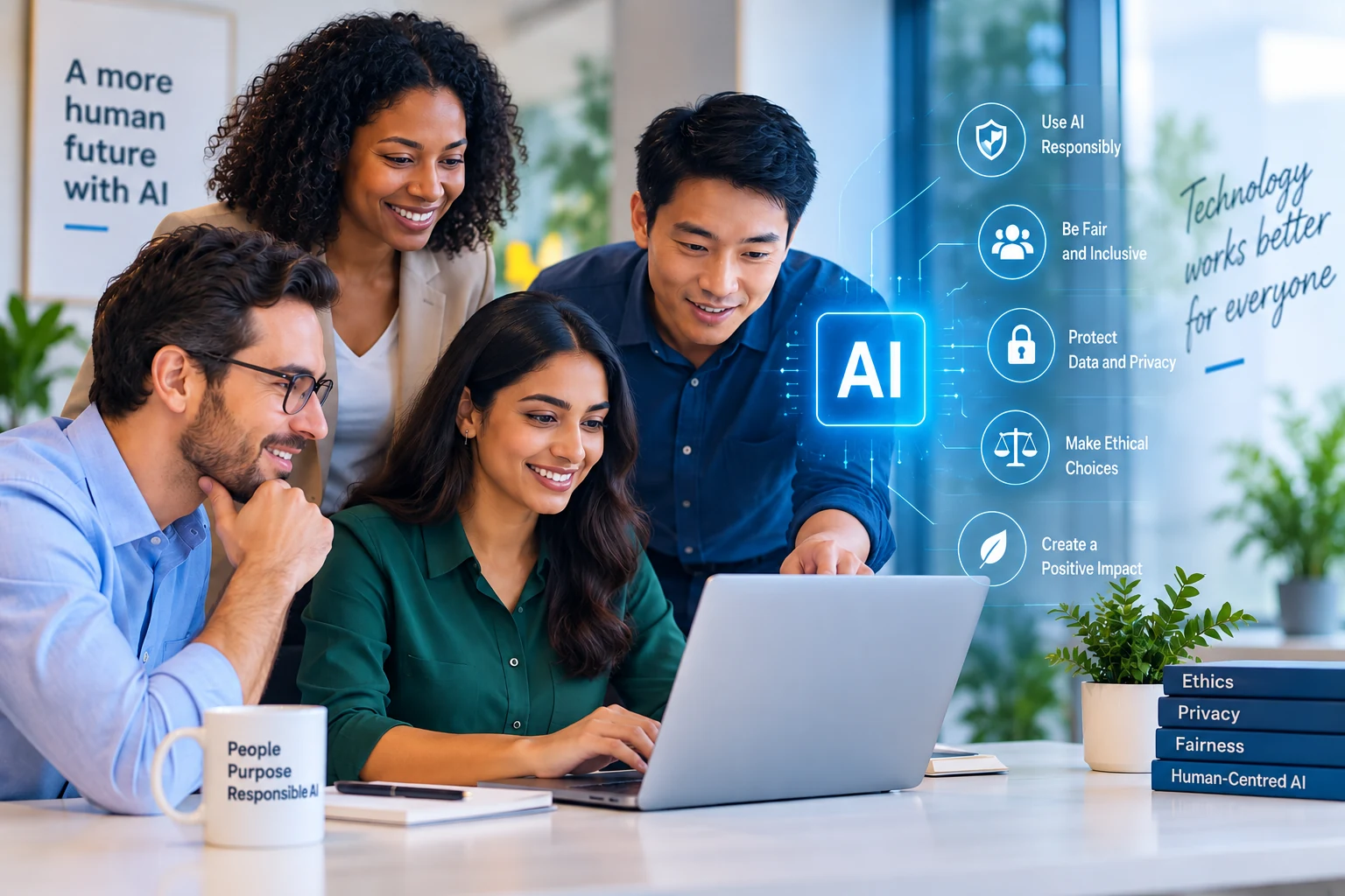 Team collaborating on responsible AI principles for workplace generative AI training