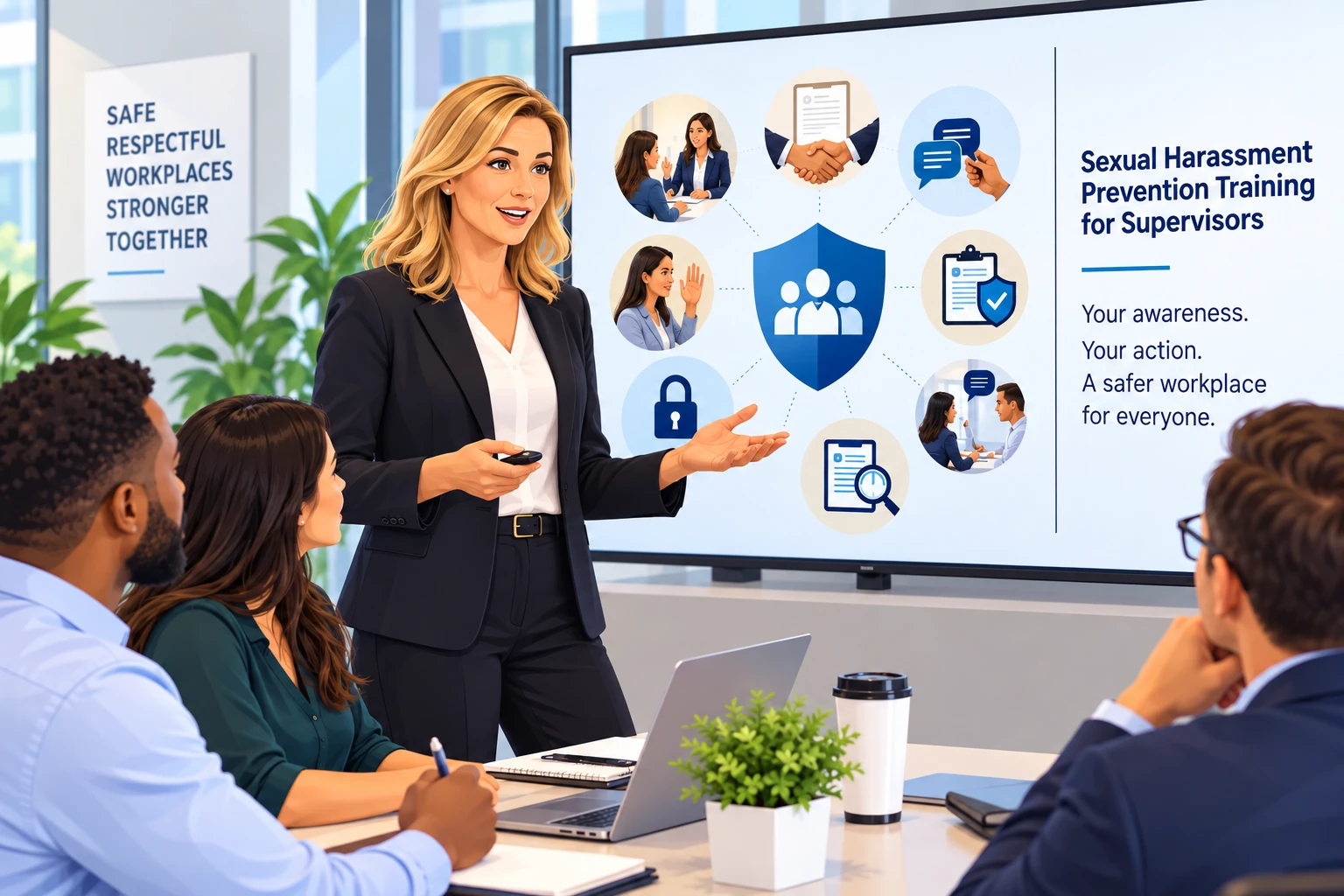 Supervisor sexual harassment prevention training session in a modern workplace.