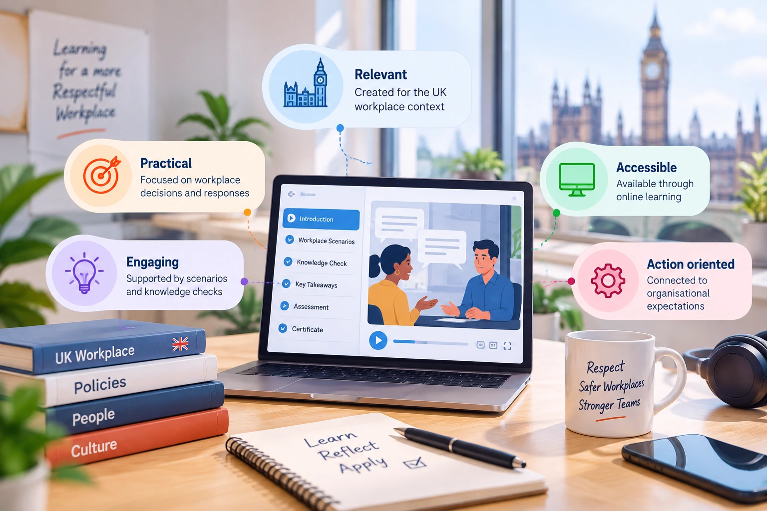 UK sexual harassment prevention learning experience on laptop with workplace scenarios.