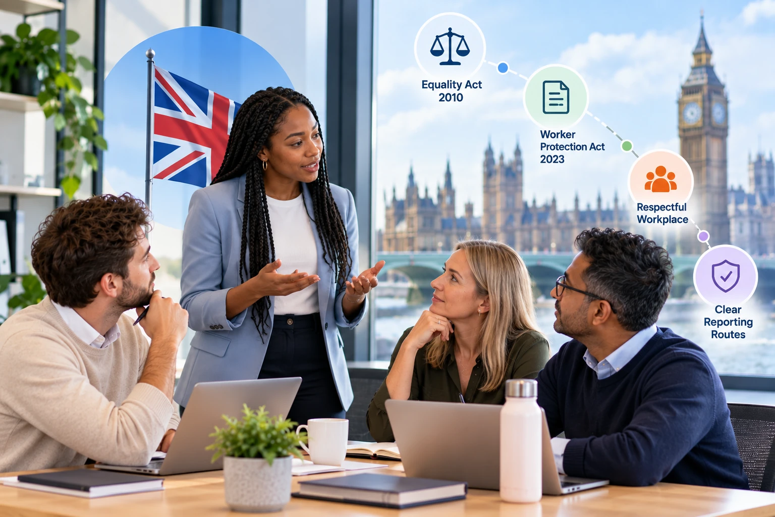 UK workplace law context covering the Equality Act and Worker Protection Act.