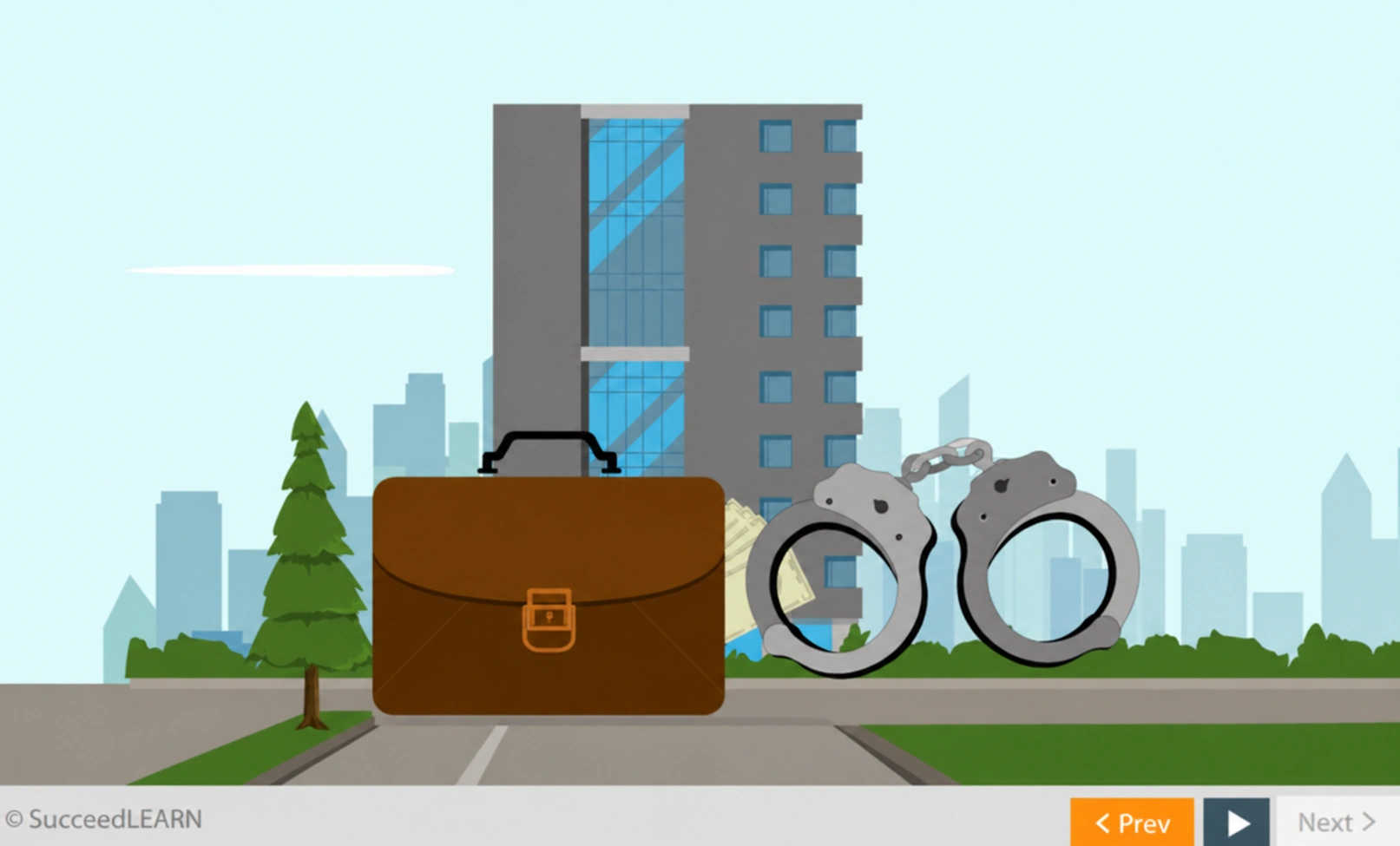 ABAC eLearning scenario showing a briefcase of cash and handcuffs outside an office building