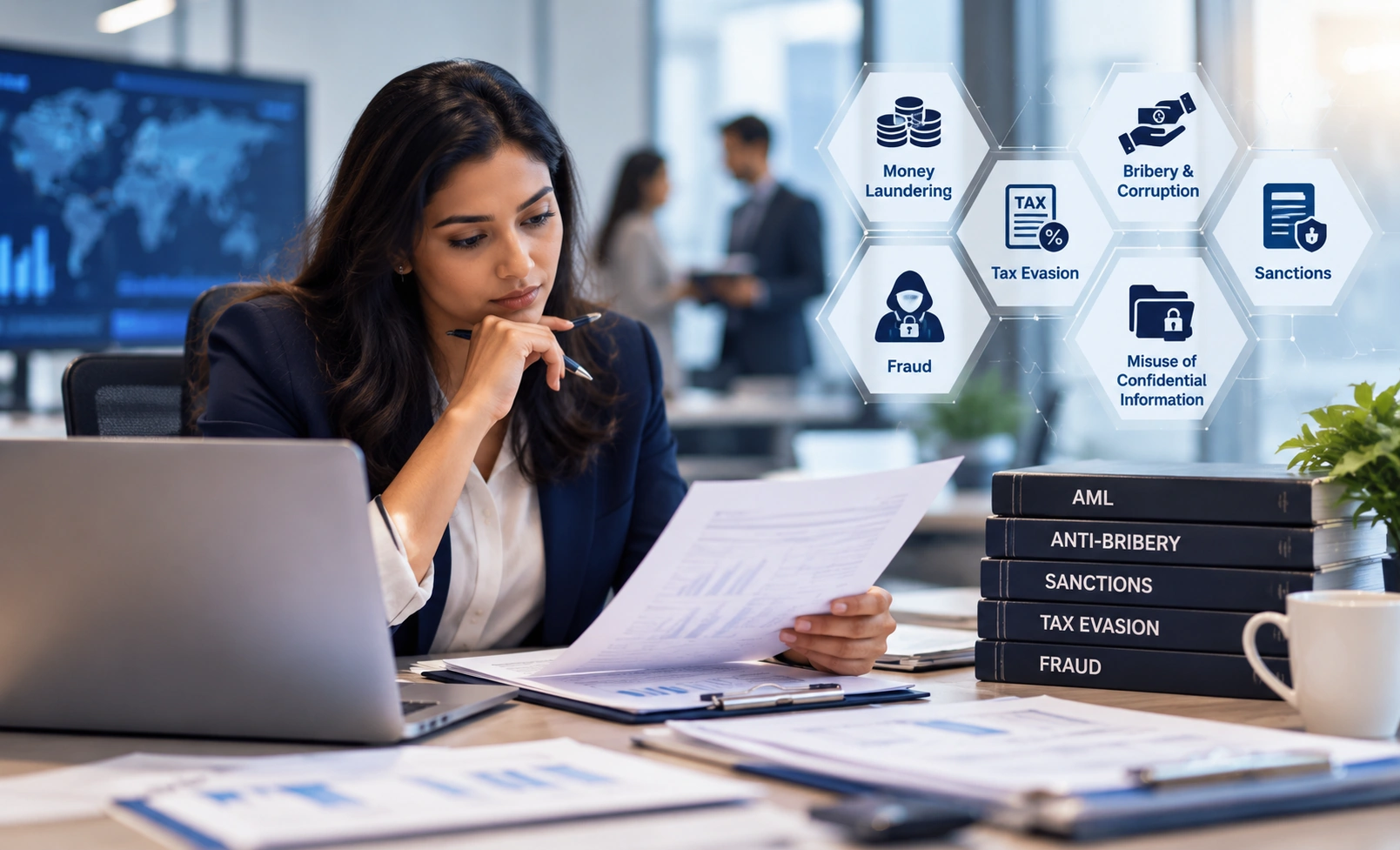 Employees reviewing financial crime risks and compliance information