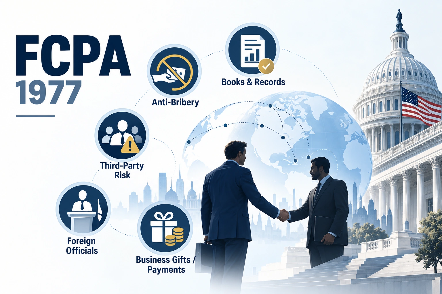 US FCPA 1977 themes: anti-bribery, books and records, third-party risk, foreign officials and business gifts