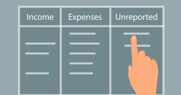 A hand pointing at unreported figures beside income and expenses