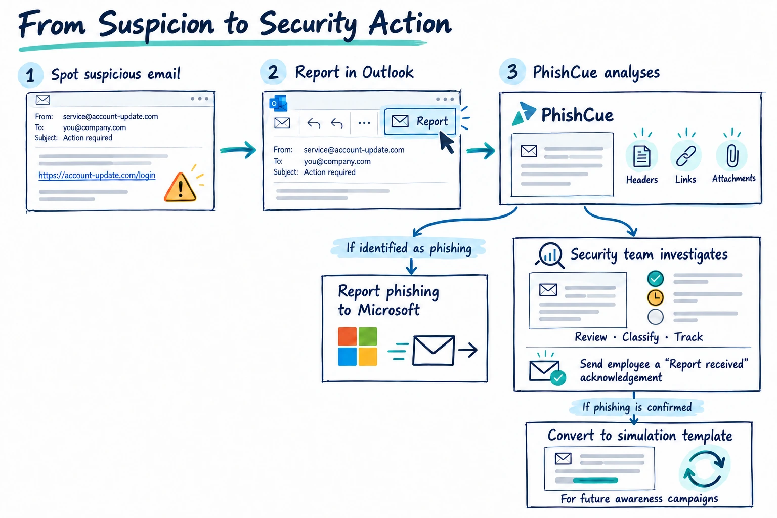 PhishCue reporting workflow from suspicion to security action