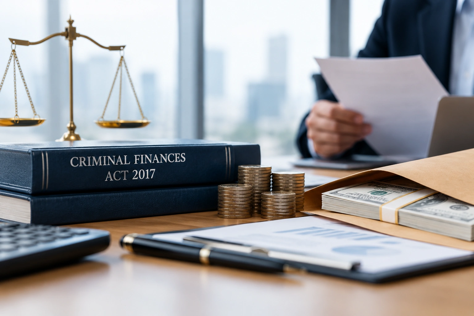 Criminal Finances Act 2017 beside scales, coins and cash