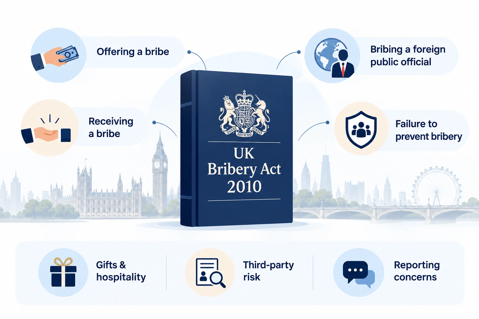 UK Bribery Act 2010 offences: offering, receiving and foreign official bribery, failure to prevent bribery