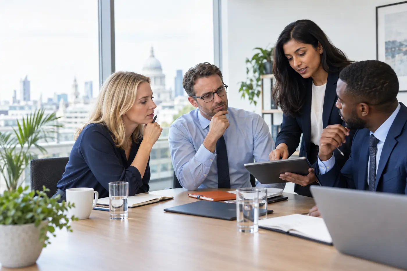 Professionals reviewing an ethical business decision together in a London office