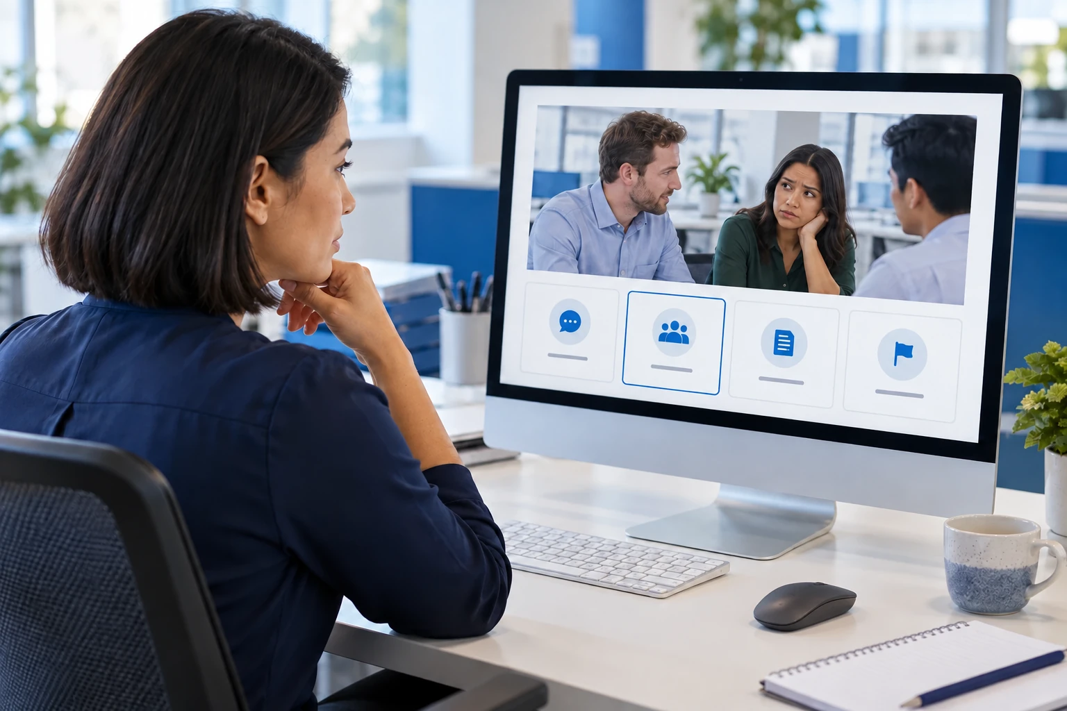 Employee practising bystander intervention decisions in a workplace scenario module