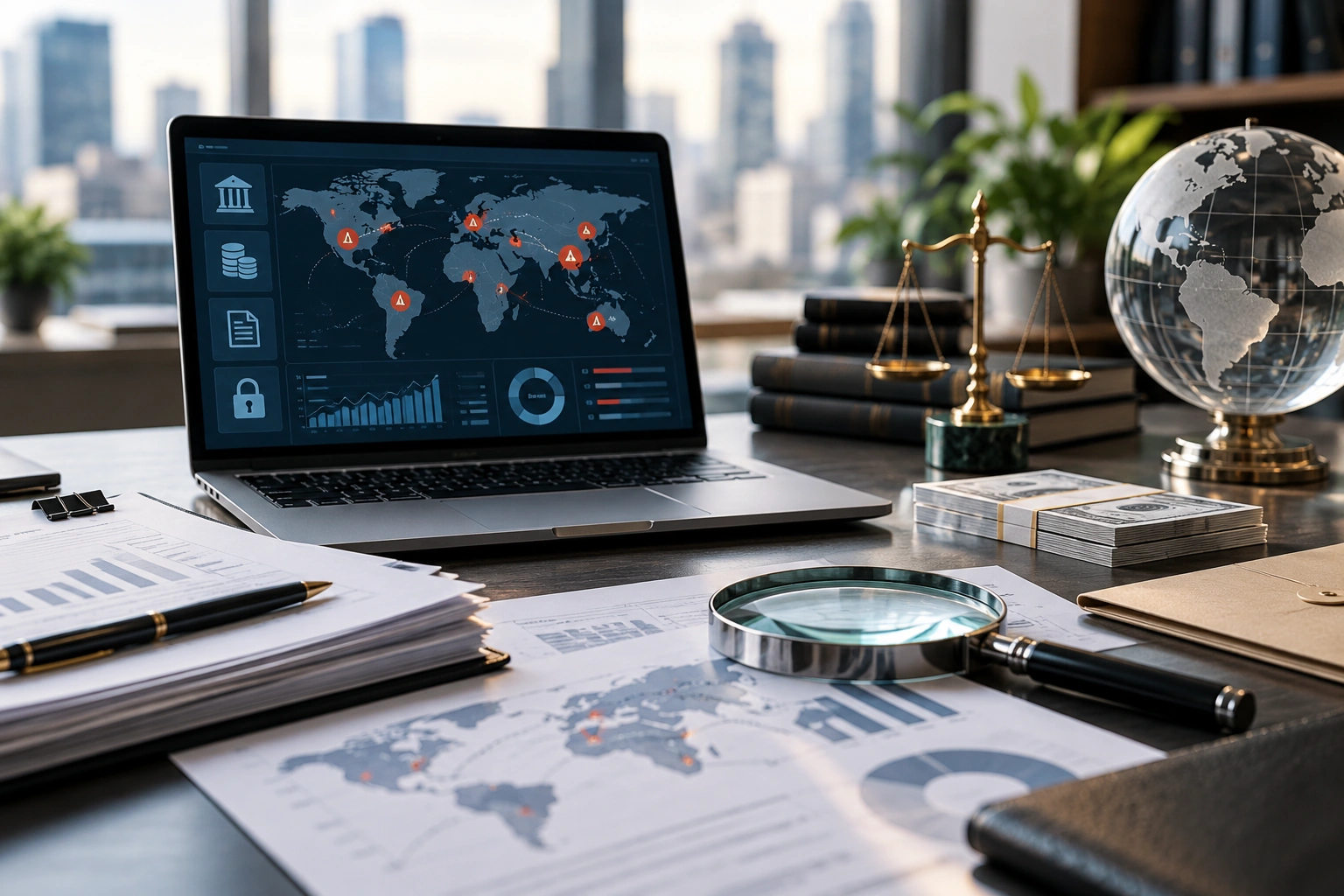 Global financial crime monitoring dashboard on a laptop beside compliance reports and a magnifying glass