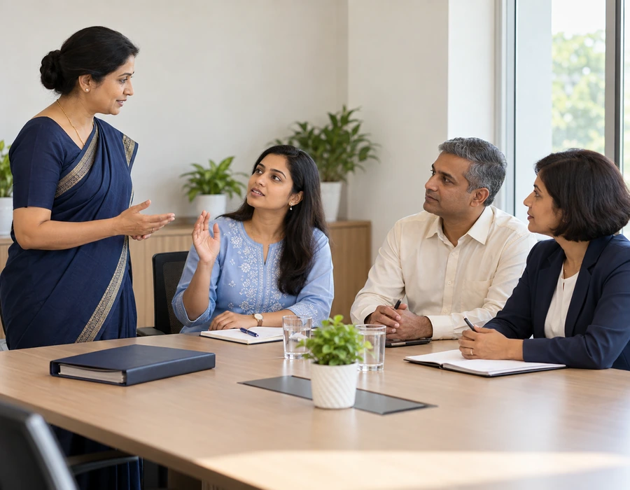 Professionals discussing India POSH legal and compliance framework in a workplace meeting