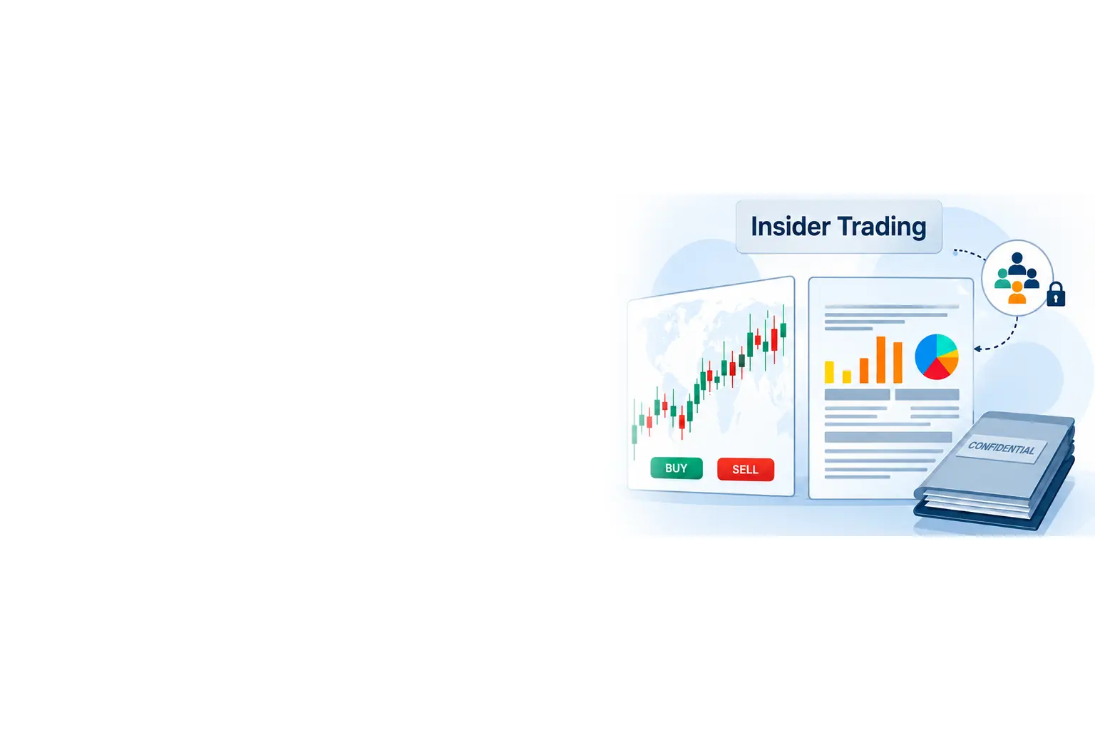 Insider trading illustration with market charts, a financial report and a confidential file