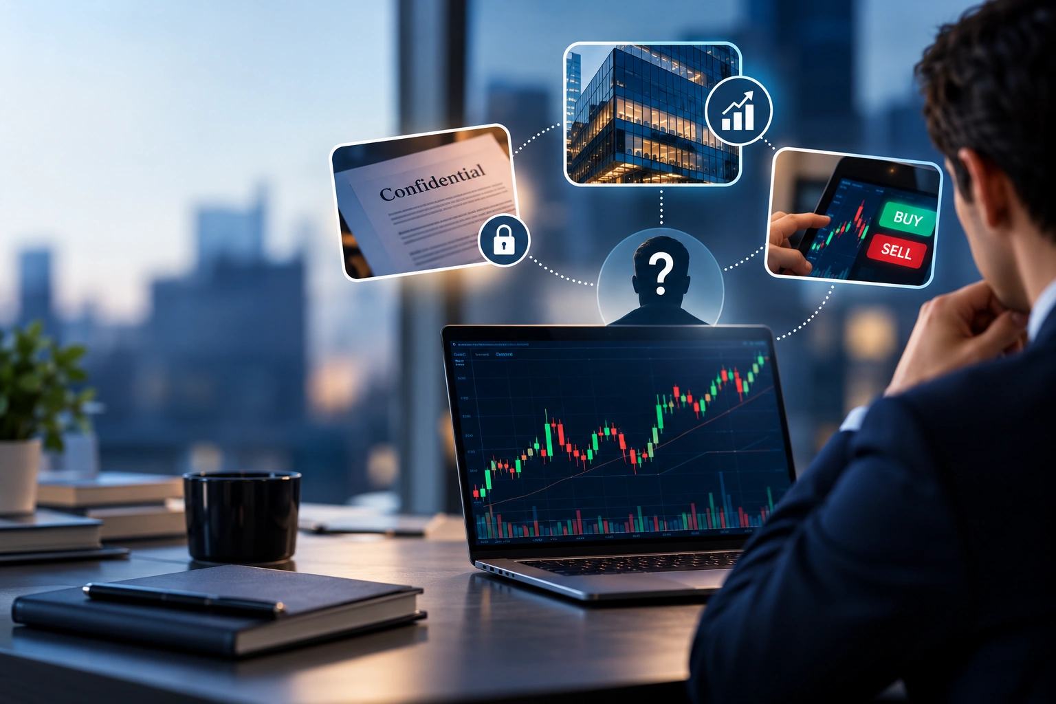 A person reviewing a trading decision beside confidential information