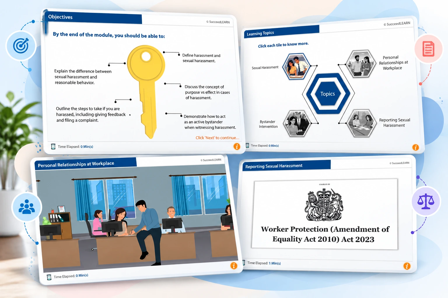 UK Preventing Sexual Harassment course screens covering objectives, topics, workplace relationships and reporting.