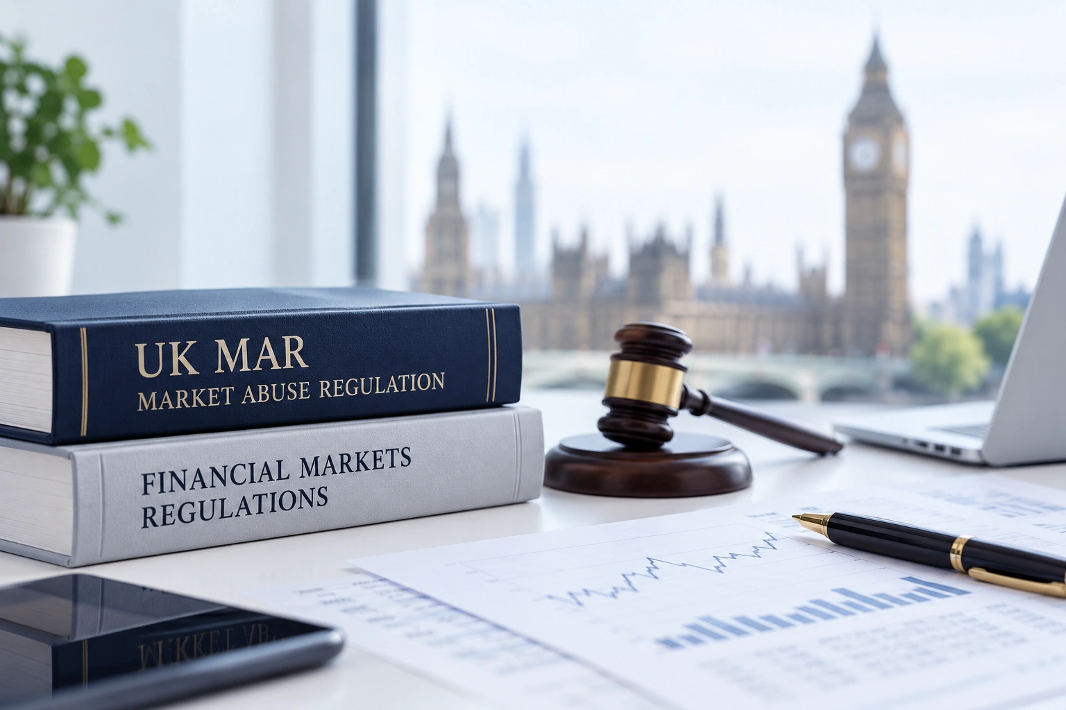 UK MAR and financial markets regulations on a desk overlooking Parliament
