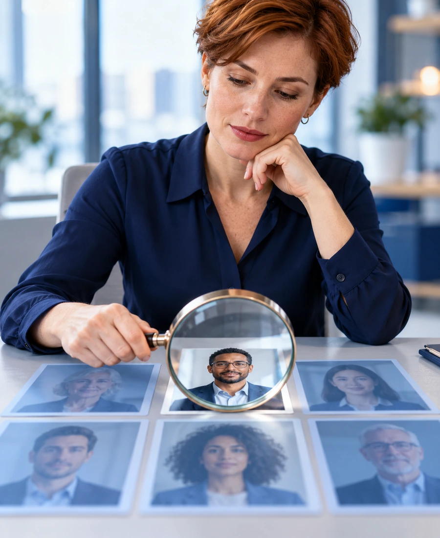 Professional examining candidate portraits with a magnifying glass
