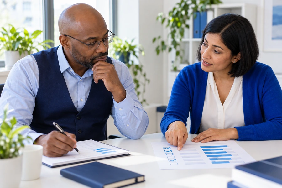 Colleagues reviewing documents and criteria during a workplace discussion
