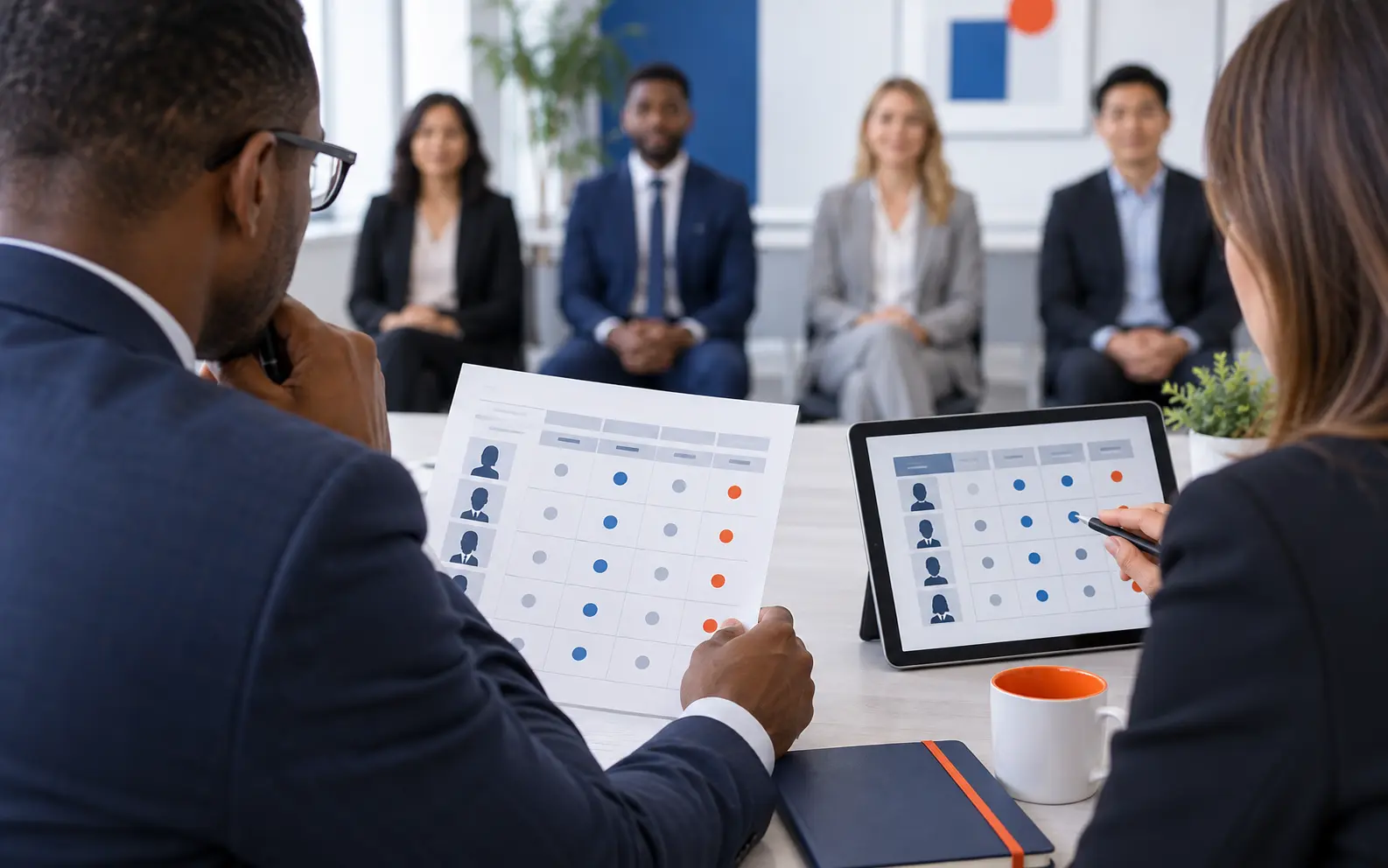 Assessors reviewing candidates with an objective scorecard