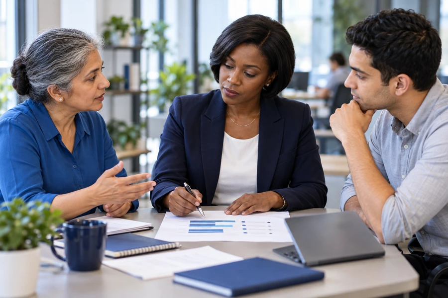 Colleagues discussing a workplace decision around a meeting table