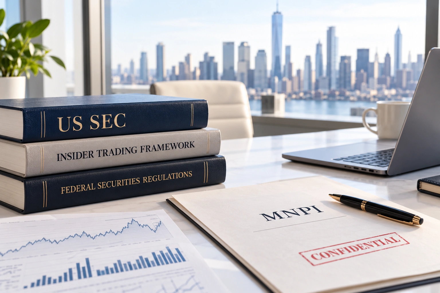 US SEC insider trading books beside a confidential MNPI file