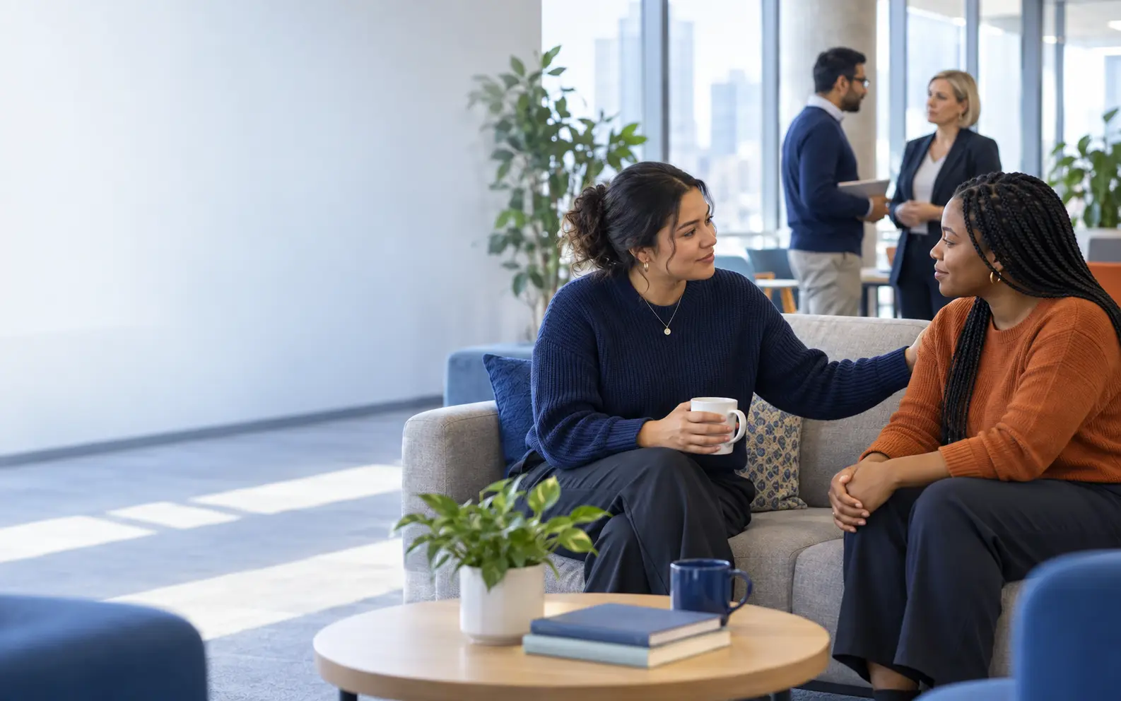 Workplace colleagues discussing how to respond to a concern